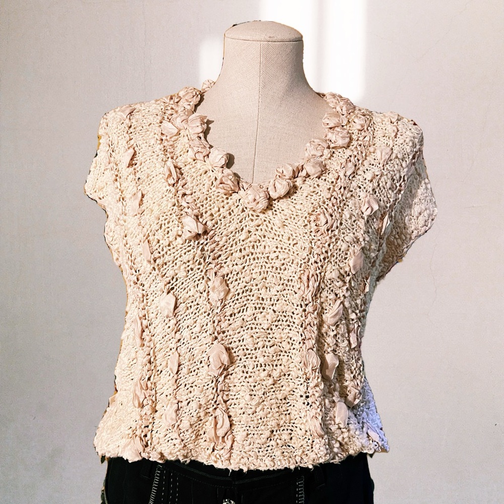 Boho Vintage Cream Textured Knit Top